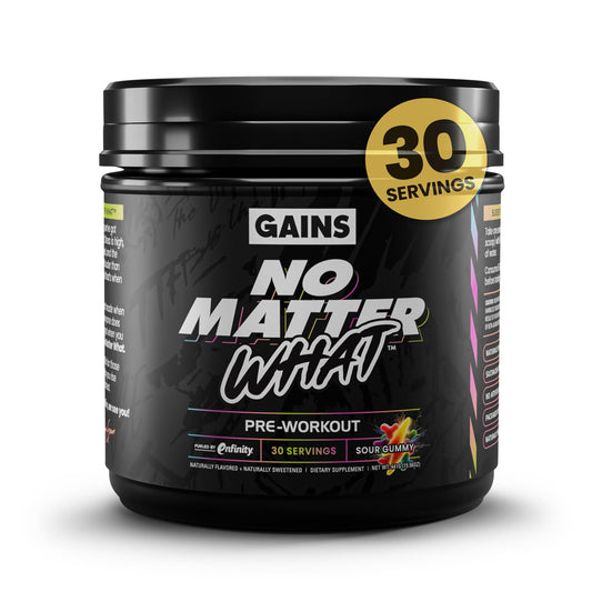 GAINS IN BULK No Matter What bottle front shows energy-boosting formula.