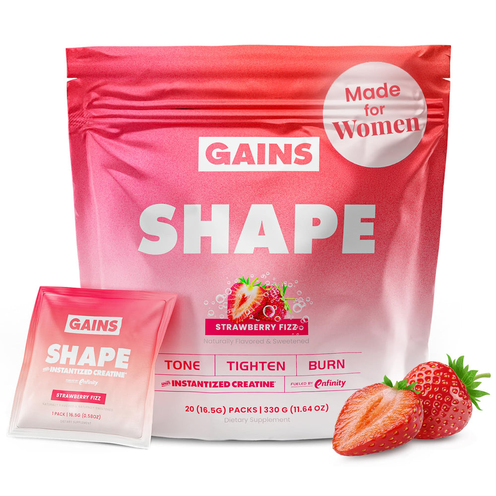 GAINS IN BULK Shape strawberry fizz sachet for on-the-go workouts.