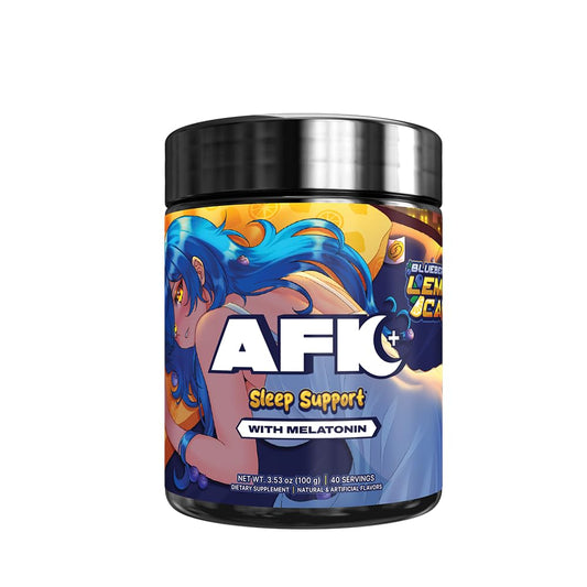 Gamer Supps AFK+ Blueberry Lemon Cake bottle front showing keto-friendly sleep support.