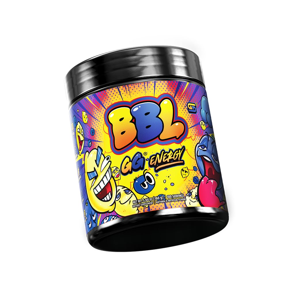 GG Energy BBL scoop showing powder for sugar-free, low-calorie energy