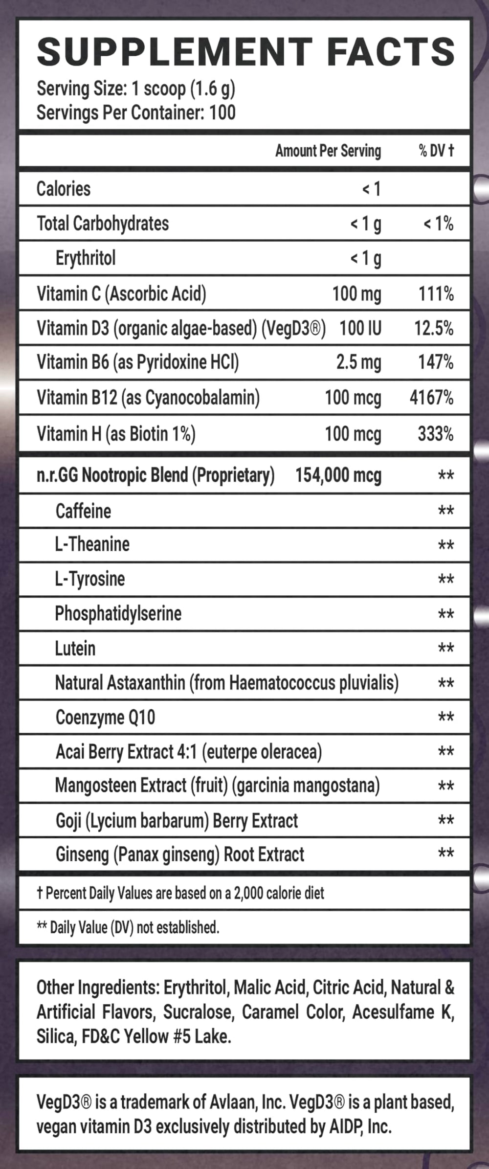 Gamer Supps GG Crusaderade mango tea ingredients panel highlighting vitamins and nootropic blend.