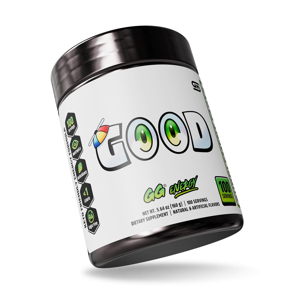 Gamer Supps GG Energy organic caffeine nootropic blend jar emphasizes sustained concentration without crash.