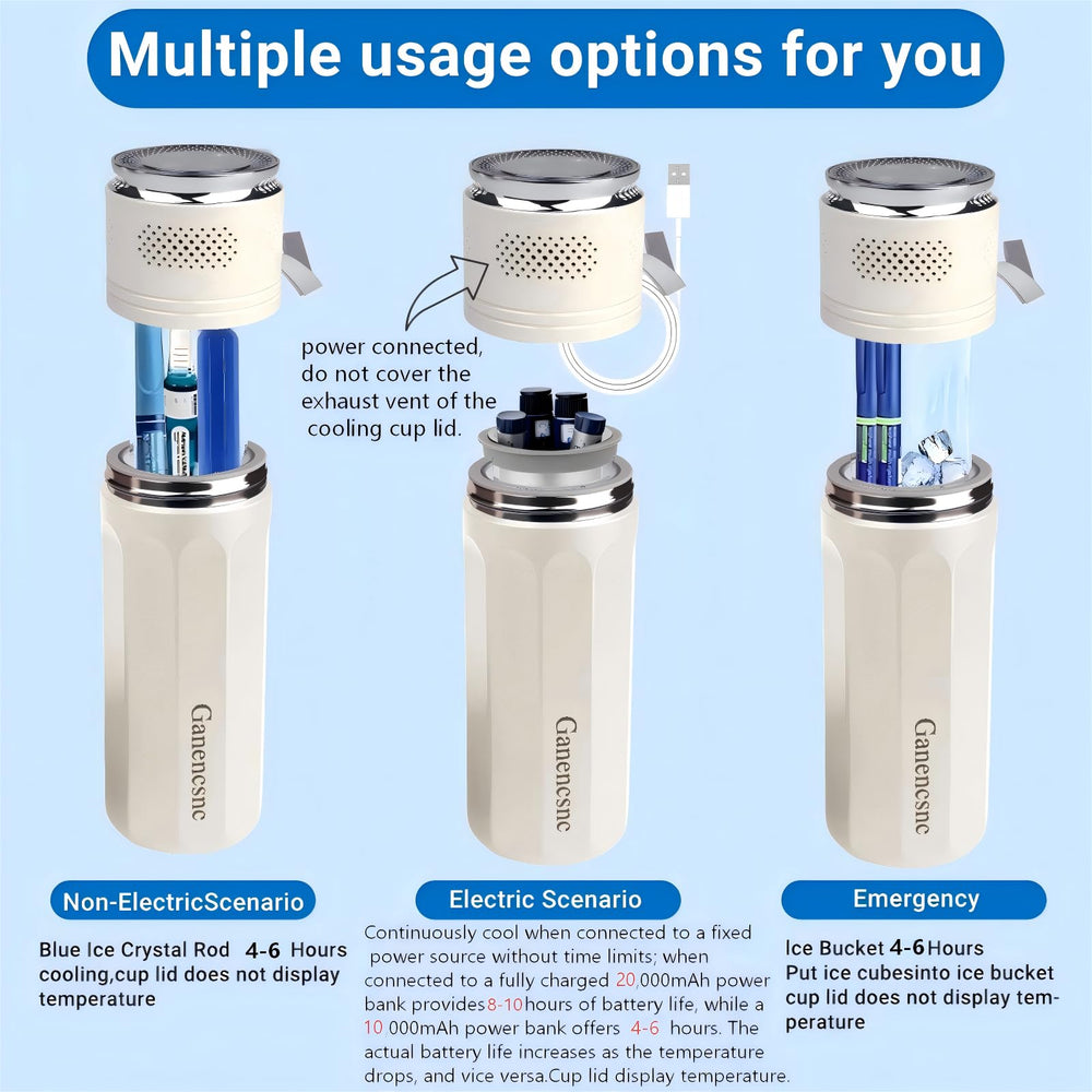 Ganencsnc portable backpack accessory attached to an insulin cooler for hands-free travel.