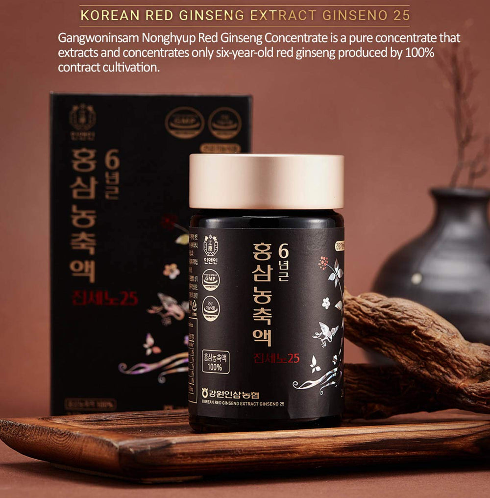 Gangwoninsam bottle back label highlights ingredients and Korean origin, with no additives.