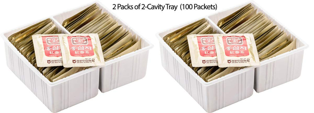 Gangwoninsam tea sachets with cup on wooden table conveying convenient ritual.