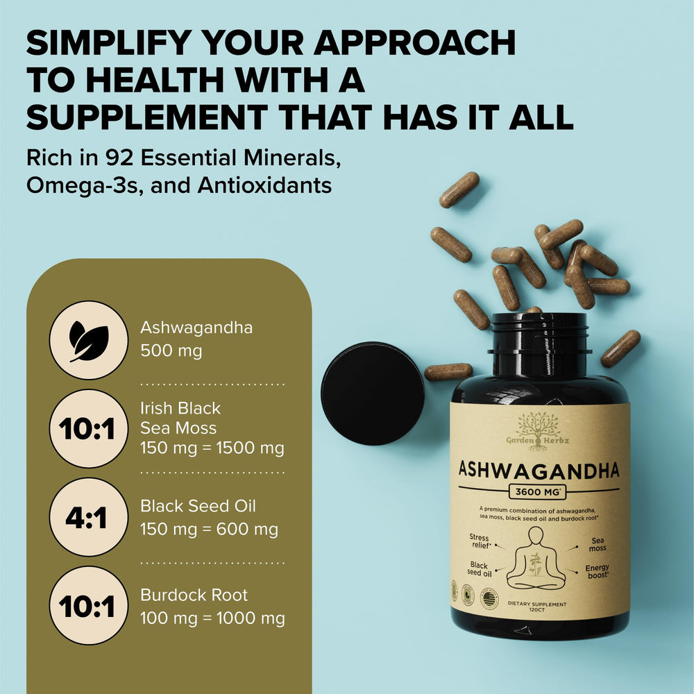 Garden of Herbz ashwa-sea-moss label signals vegan and gluten-free ingredients at a glance.