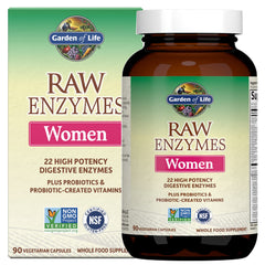Garden of Life 22 Digestive Enzymes for Women bottle aids balanced digestion after meals.