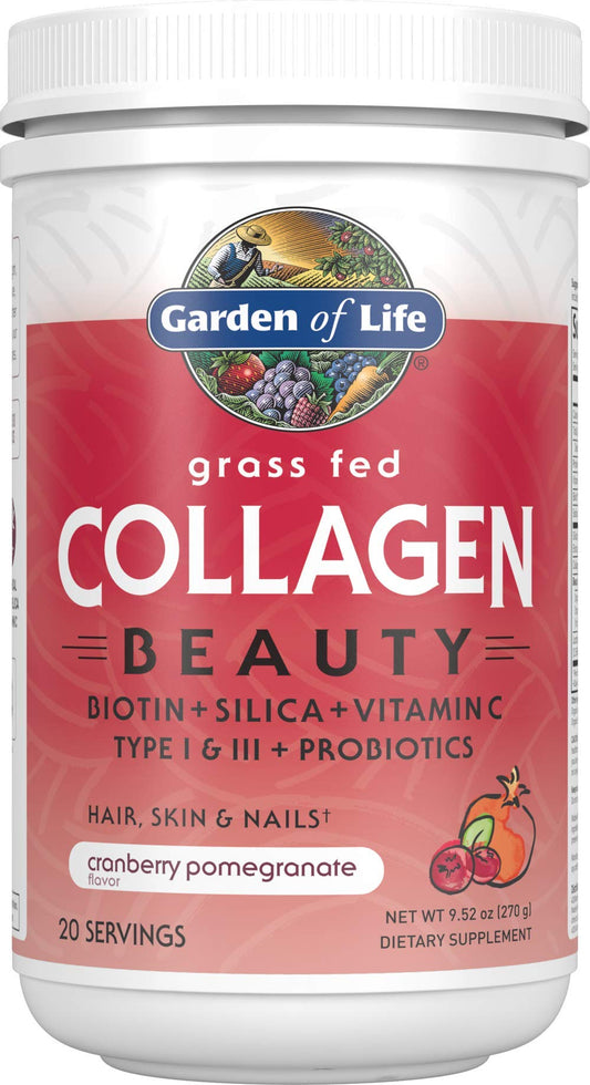 Garden of Life Collagen Beauty bottle featuring cranberry-pomegranate flavor for hair and skin support