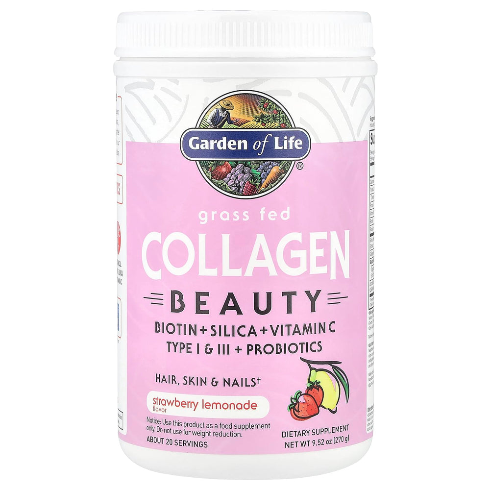Garden of Life Collagen Beauty drink mix in glass with strawberry lemonade flavor.