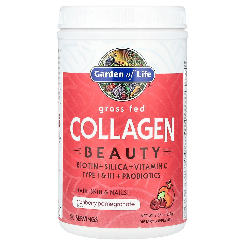Garden of Life Collagen Beauty glass with drink showing cranberry-pomegranate flavor