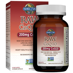 Garden of Life CoQ10 200mg softgels bottle close-up for heart health support