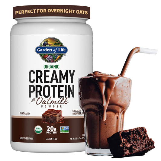 Garden of Life Creamy Plant Protein chocolate brownie powder in a jar for a rich post-workout shake.