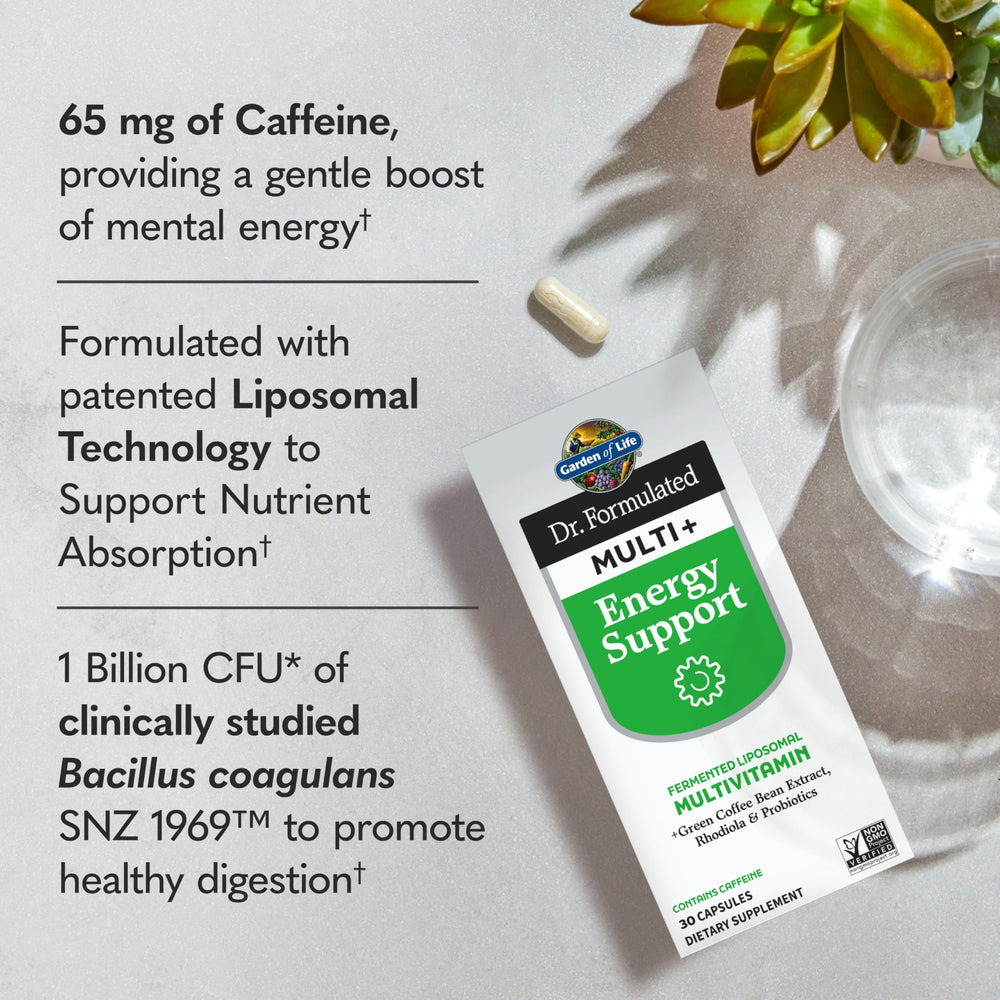 Garden of Life Dr Formulated Multi+ Energy capsules closeup for nutrient delivery.
