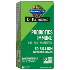Garden of Life Dr Formulated Immune Support bottle front showing triple action formula for daily wellness.