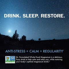Garden of Life Dr Formulated magnesium fizz in glass for a soothing night ritual.