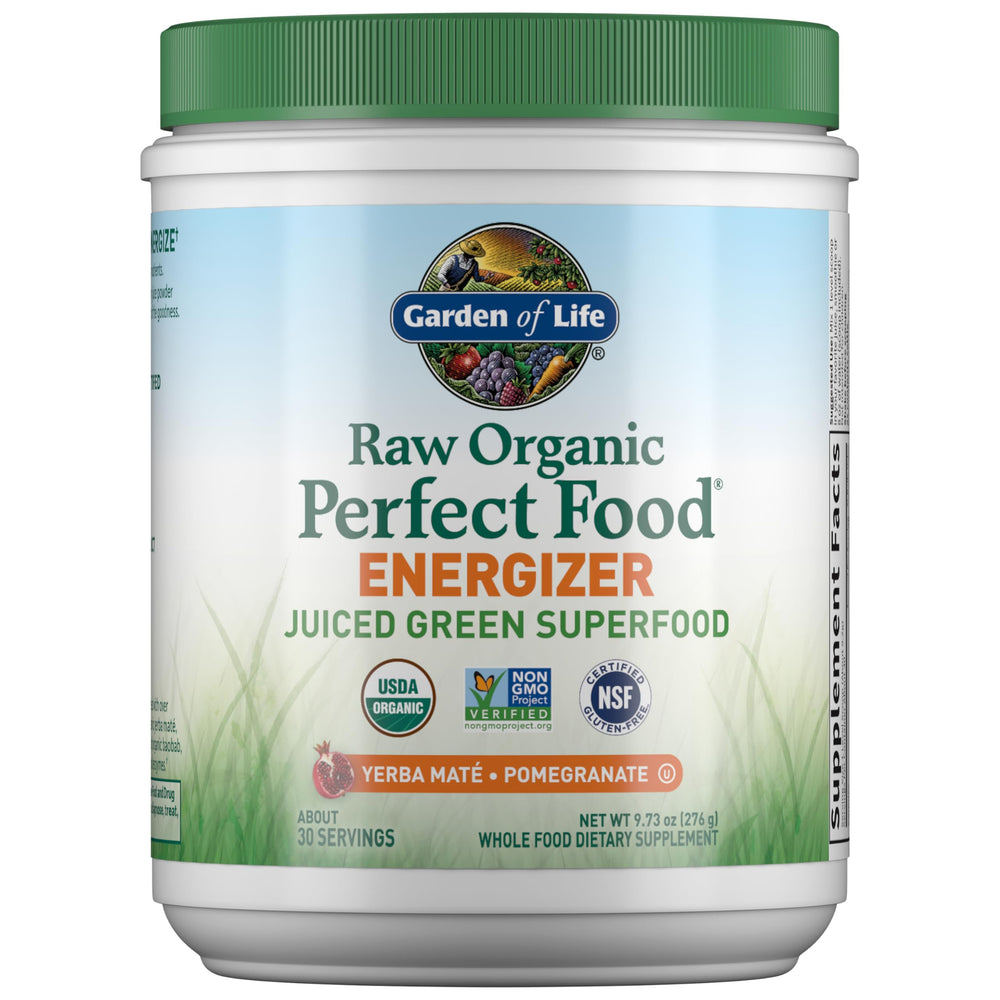 Garden of Life Energizer bottle front, ready daily greens boost for energy.