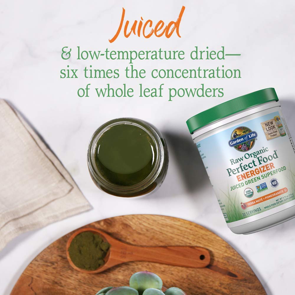 Garden of Life Energizer label closeup highlighting organic greens and probiotics.
