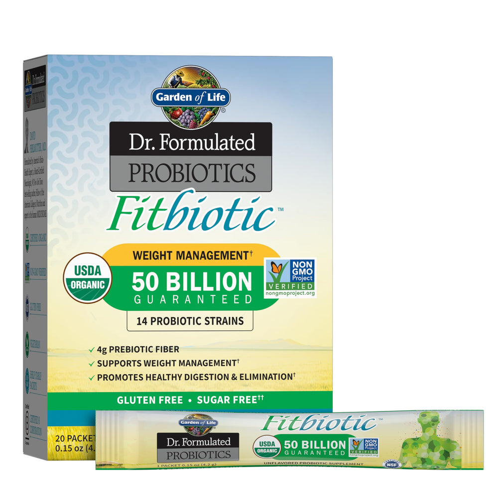 Garden of Life Fitbiotic weight management packet front displaying probiotic blend for gut health