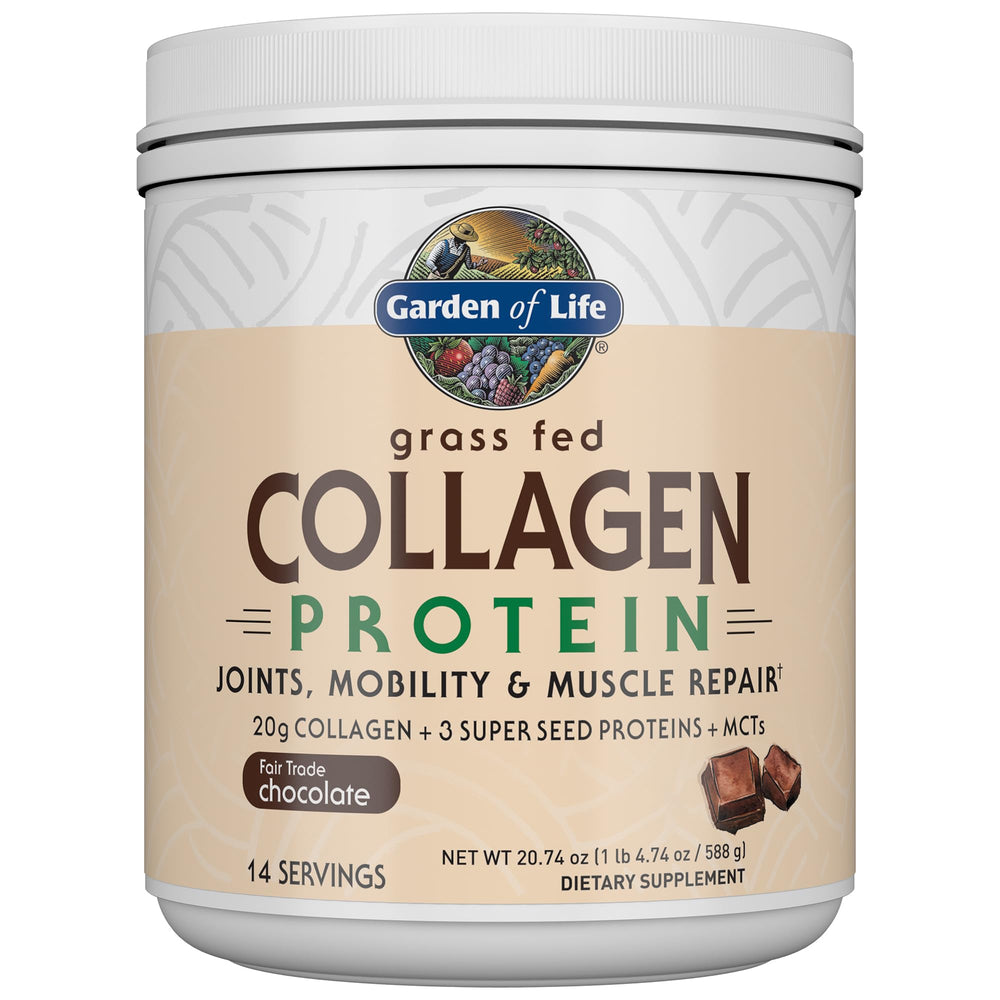 Garden of Life Grass Fed Collagen Chocolate bottle ready for daily joint mobility support.