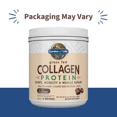 Pouring Garden of Life Grass Fed Collagen Chocolate into a glass for a quick shake.