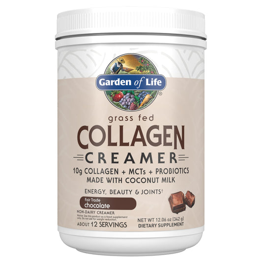 Garden of Life grass-fed collagen creamer chocolate tub displaying a dairy-free protein boost for coffee
