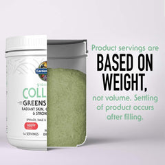 Garden of Life Grass Fed Collagen Greens label close-up highlights certifications.