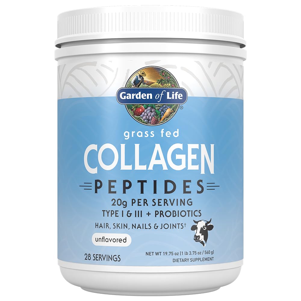 Garden of Life collagen peptides powder unflavored scoop added to a smoothie.