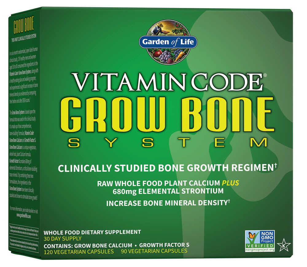 Garden of Life Grow Bone bottle front view showing raw algaeCal calcium for bone health