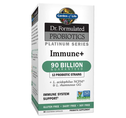 Garden of Life Immune+ bottle front label showing 90B CFU for daily balance.