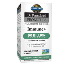 Garden of Life Immune+ bottle front label showing 90B CFU for daily balance.
