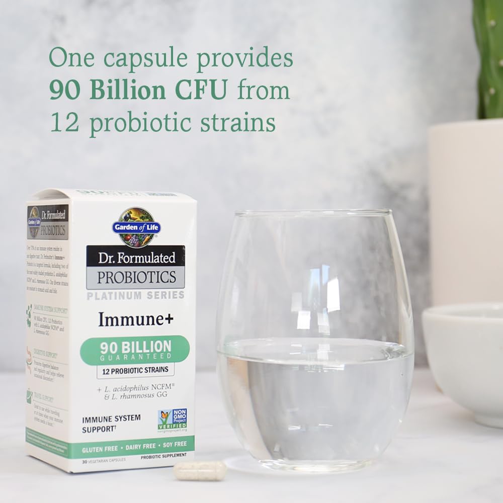 Garden of Life Immune+ label closeup featuring L. acidophilus NCFM and L. rhamnosus GG.