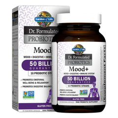 Garden of Life Mood+ bottle shown for daily digestive health support.