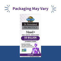 Close-up of Garden of Life Mood+ capsules highlighting 50B CFU for gut balance.