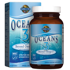 Garden of Life Oceans 3 Beyond Omega-3 bottle highlights 1200 mg omega-3 potency.