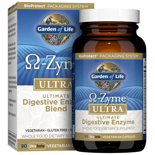 Garden of Life Omega-Zyme Ultra bottle front shows 90 vegetarian capsules for digestion support.