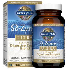 Garden of Life Omega-Zyme Ultra bottle front shows 90 vegetarian capsules for digestion support.