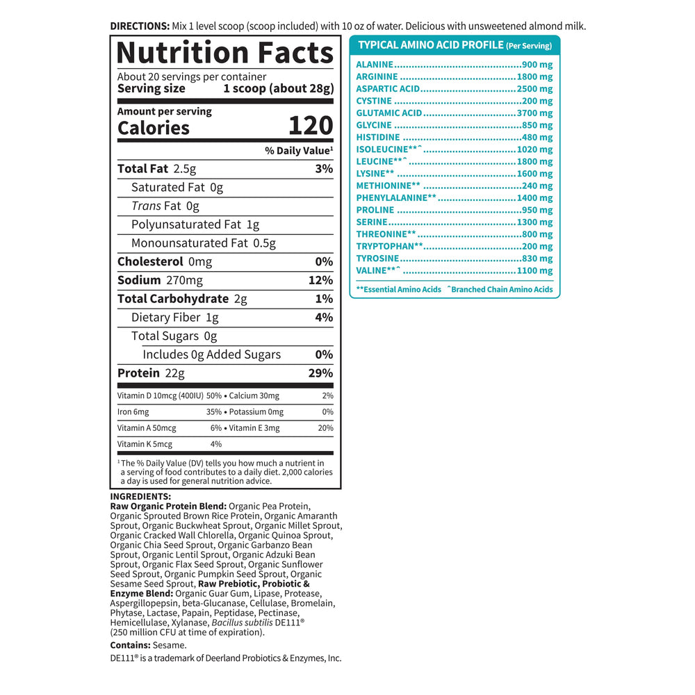 Garden of Life organic peas and sprouts ingredients; plant-based nutrition.