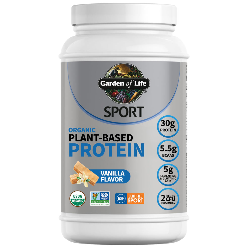 Garden of Life vegan protein powder vanilla in jar, premium plant protein for muscle support.