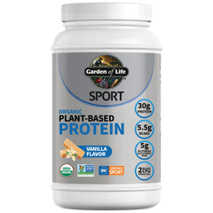 Garden of Life vegan protein powder vanilla in jar, premium plant protein for muscle support.