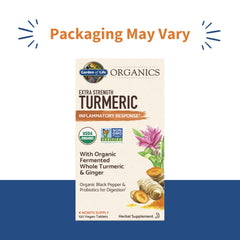 Garden of Life Organics turmeric tablet close-up highlighting 100 mg curcumin