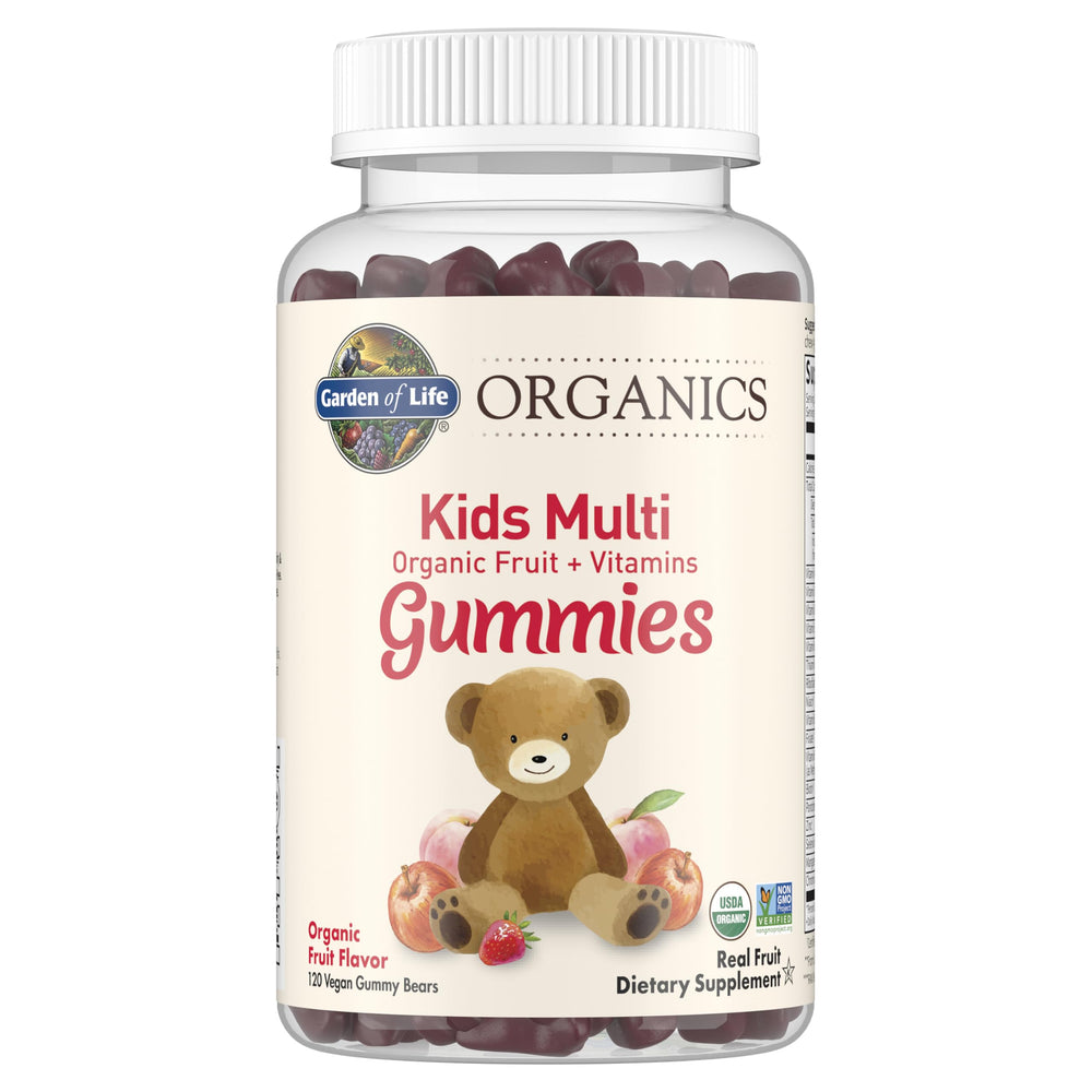 Garden of Life Organics Kids Gummies bottle with fruit chews for daily nutrition.