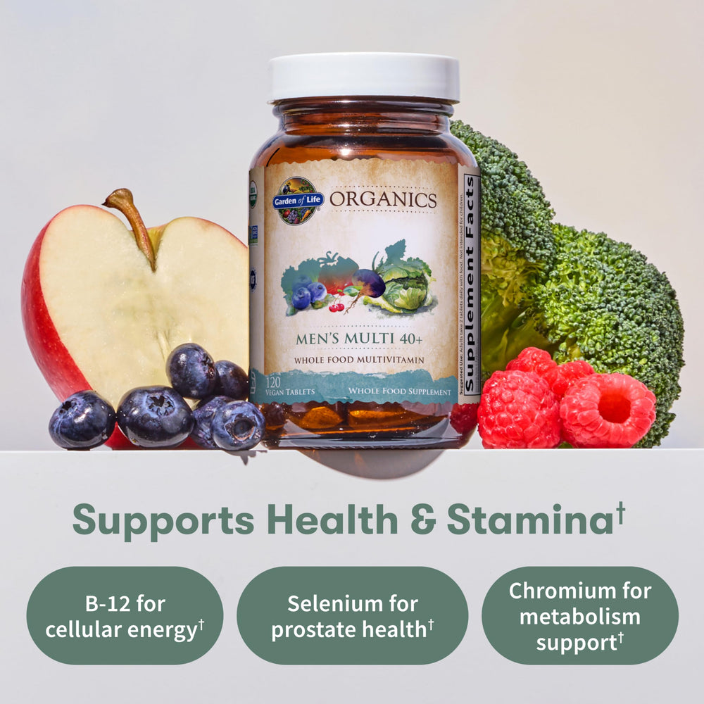 Garden of Life Organics Men 40+ gluten-free symbol on packaging.