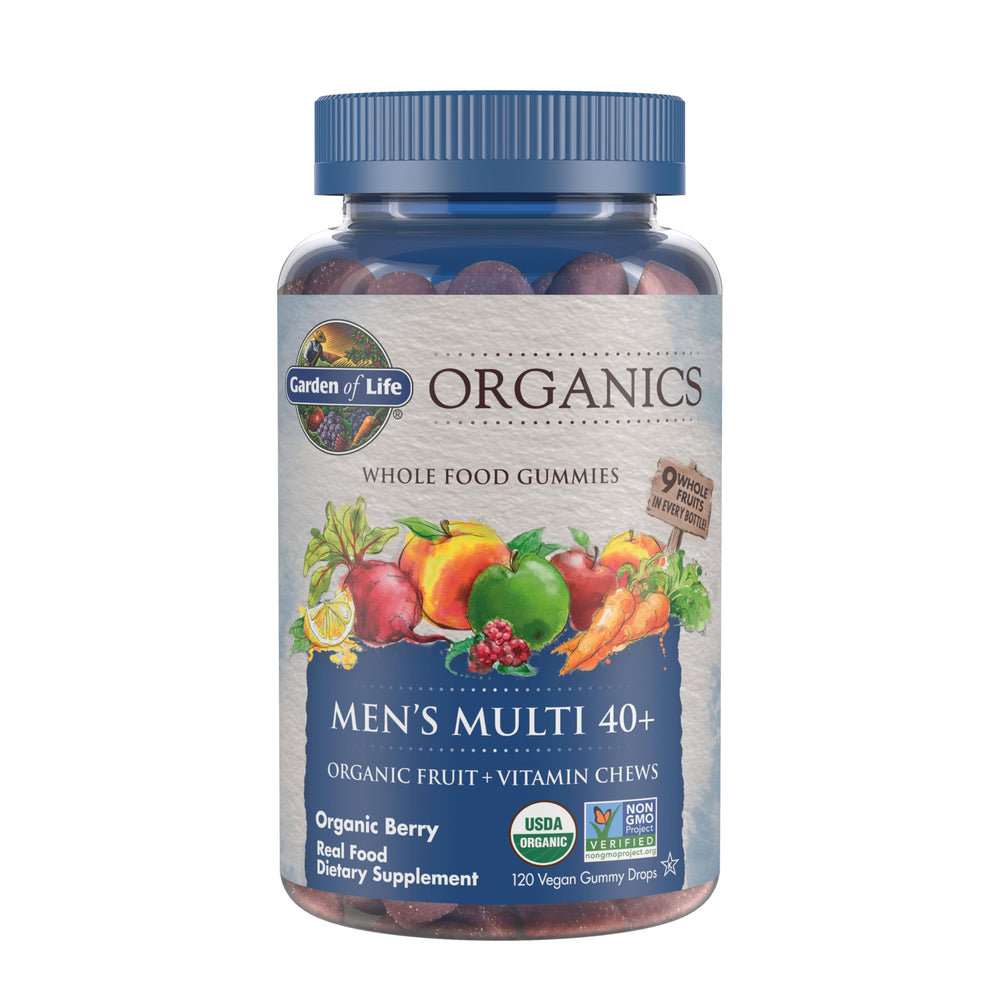 Garden of Life Organics Men 40+ berry gummies bottle closeup, vegan D3 support.