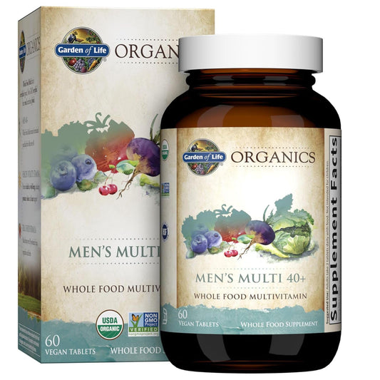 Garden of Life Organics Men’s Multi 40+ bottle label showcasing organic vegan nutrition for men over 40