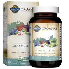 Garden of Life Organics Men’s Multi 40+ bottle label showcasing organic vegan nutrition for men over 40