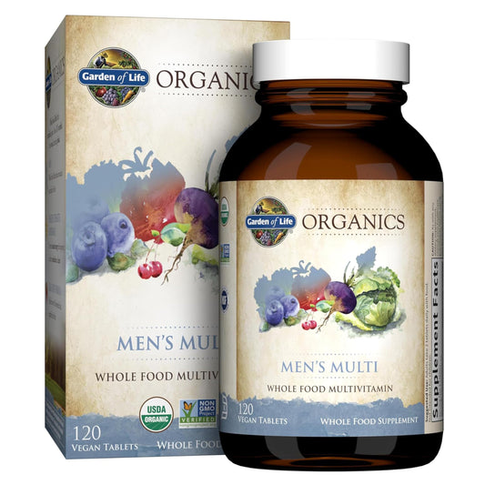 Garden of Life Organics Men’s Multi bottle, vegan and organic daily multivitamin.