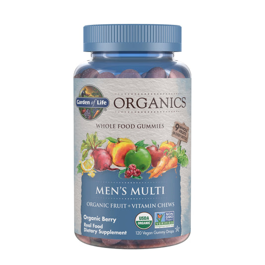 Garden of Life Organics Men’s Multi Gummies bottle highlighting berry flavor for daily use