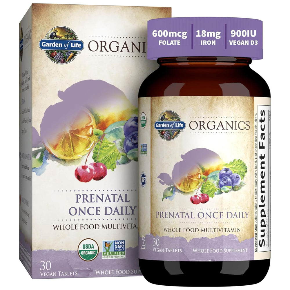 Garden of Life Organics Prenatal bottle front with organic certification visible.