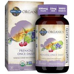Garden of Life Organics Prenatal bottle front with organic certification visible.