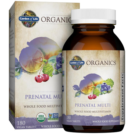 Garden of Life Organics Prenatal bottle showing organic vegan formula for energy support.